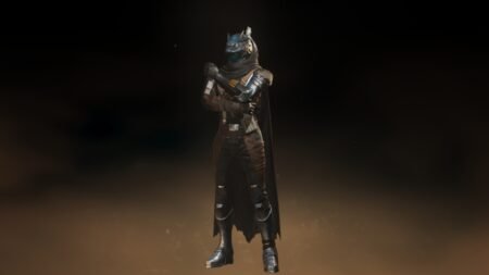 A screenshot of Wolf standing in the character preview screen in Destiny Rising