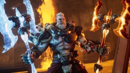 A screenshot of a character holding two weapons in Borderlands 4