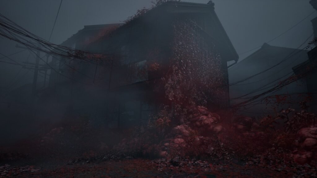 A screenshot of a house surrounded by corruption in Silent Hill F