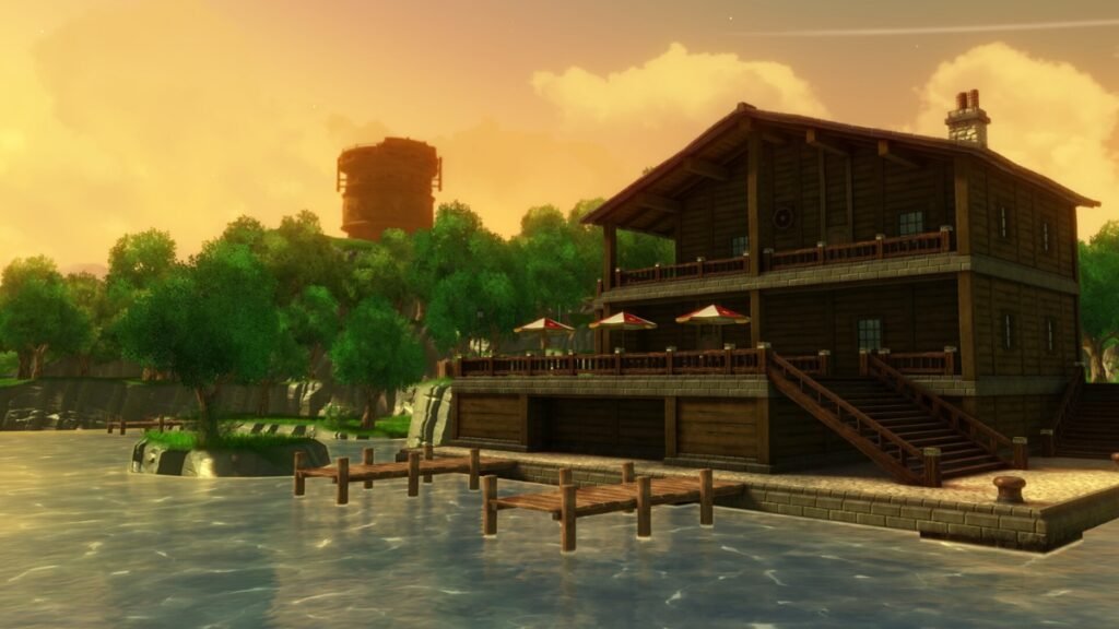 A screenshot of a house surrounded by water bodies in Trails in the Sky First Chapter