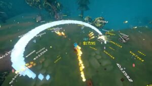 A screenshot of a player using multiple attacks to defeat enemies in Megabonk