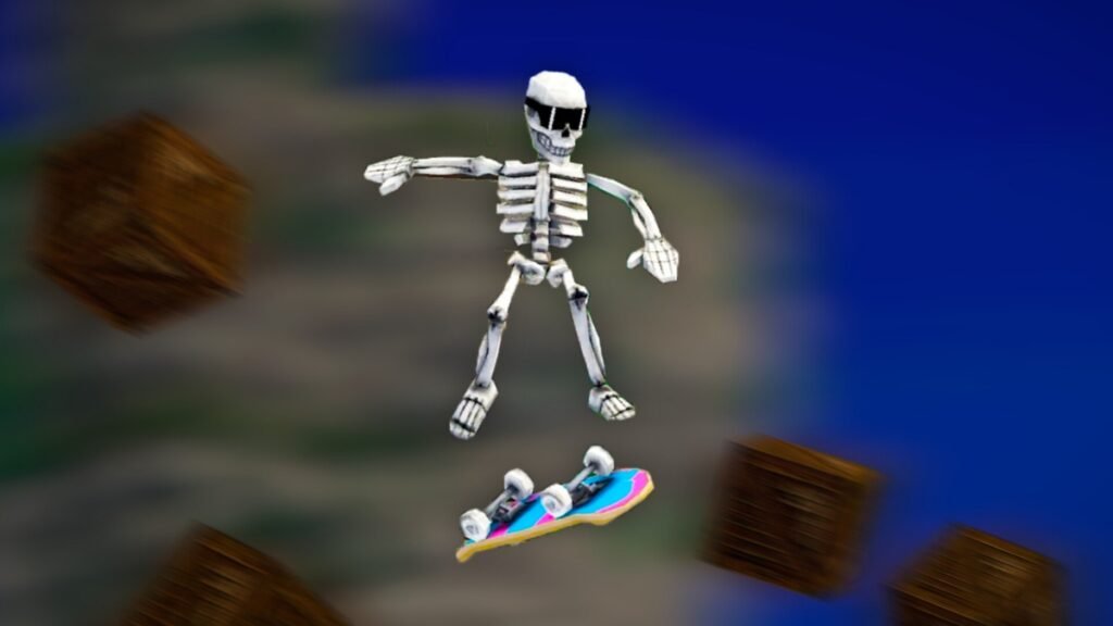 A screenshot of a skeleton jumping on a skateboard in Megabonk