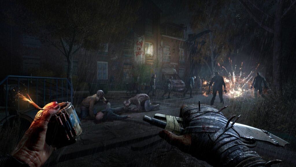 A screenshot of fighting against a zombie horder with a Grenade in hand in Dying Light The Beast