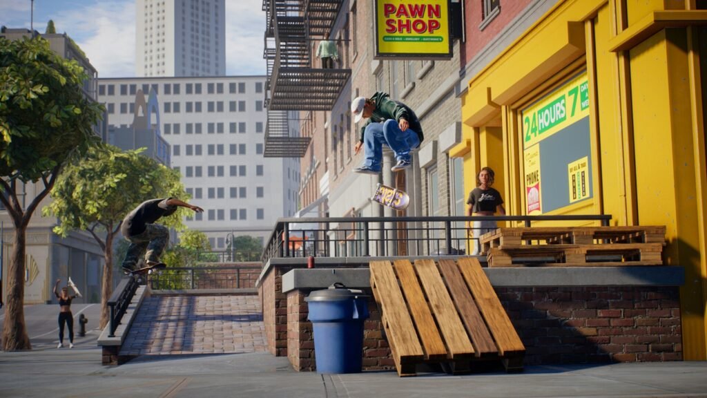 A screenshot of multiple players performing stunts in Skate