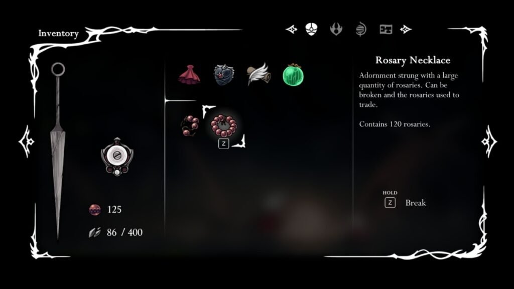 A screenshot of the Rosary Necklace reward in Hollow Knight SIlksong