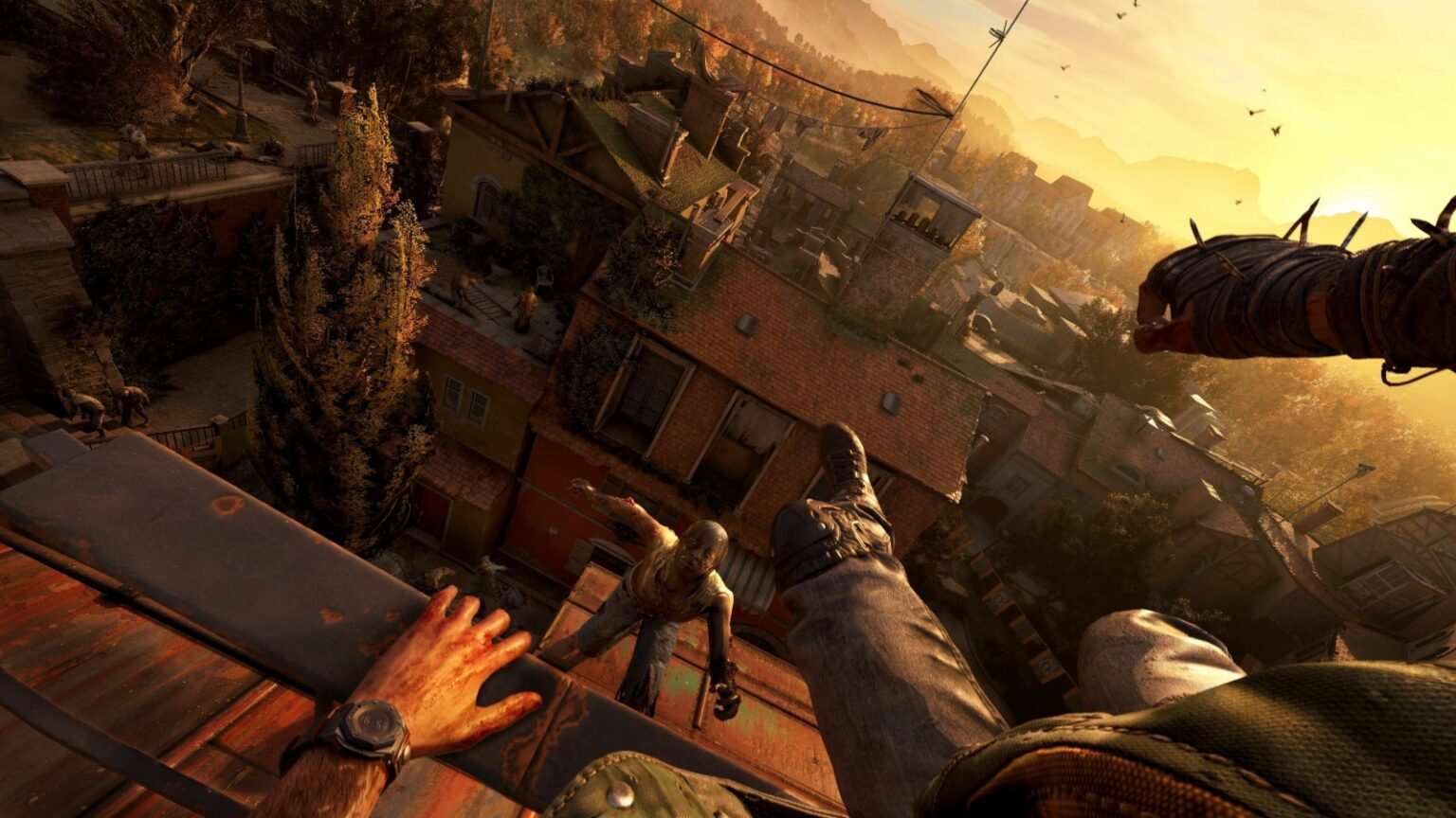 A screenshot of the player jumping while attacked by a zombie in Dying Light The Beast
