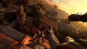 A screenshot of the player jumping while attacked by a zombie in Dying Light The Beast