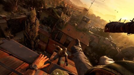 A screenshot of the player jumping while attacked by a zombie in Dying Light The Beast