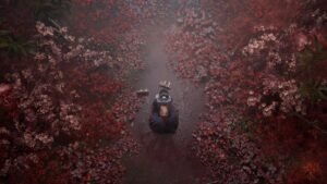 A screenshot of the protagonist bowing down in the middle of the field in Silent Hill F