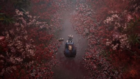 A screenshot of the protagonist bowing down in the middle of the field in Silent Hill F