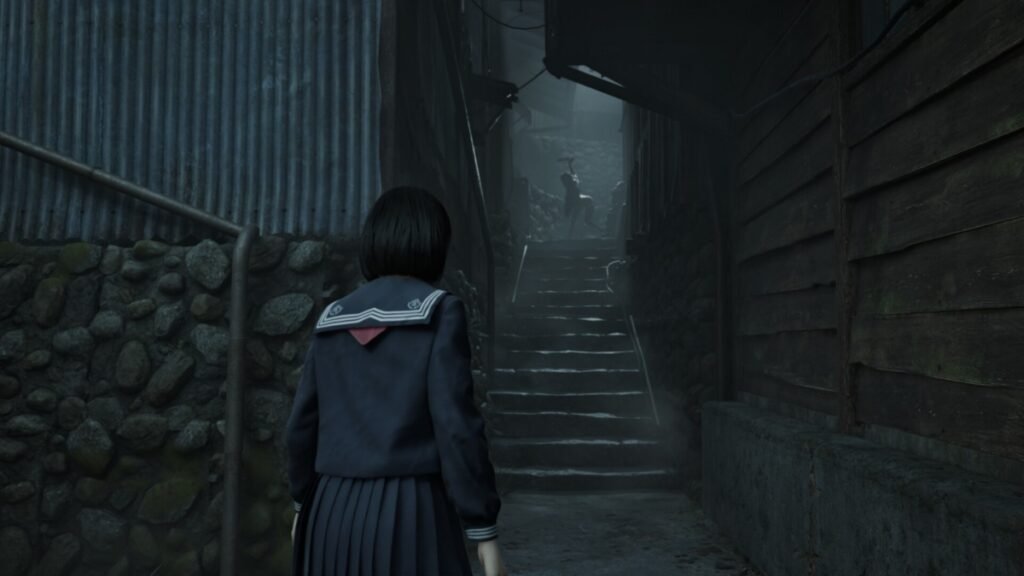 A screenshot of the protagonist walking towards an enemy in Silent Hill F
