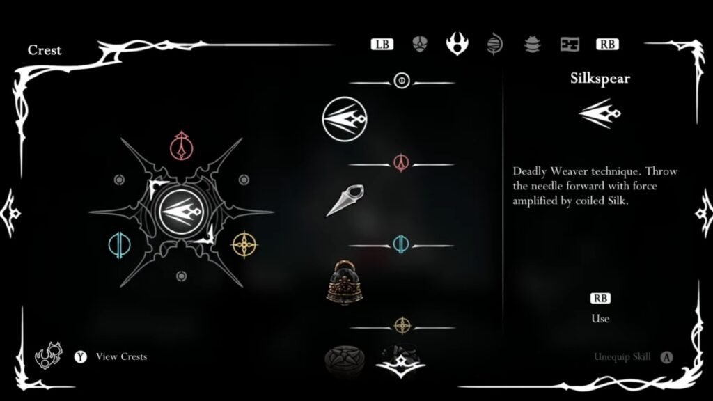 A screenshot showcasing the Reaper Crest equipped in Hollow Knight Silksong