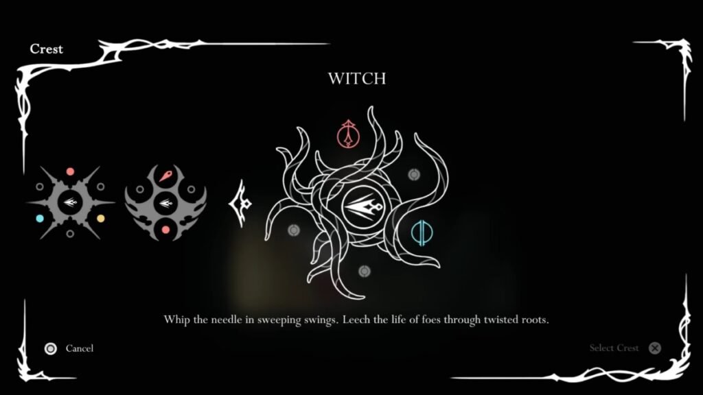 Hollow Knight: Silksong - Best Crests Ranked | Hollow Knight: Silksong | GamesHorizon A screenshot showcasing the Witch Crest being equipped in Hollow Knight Silksong