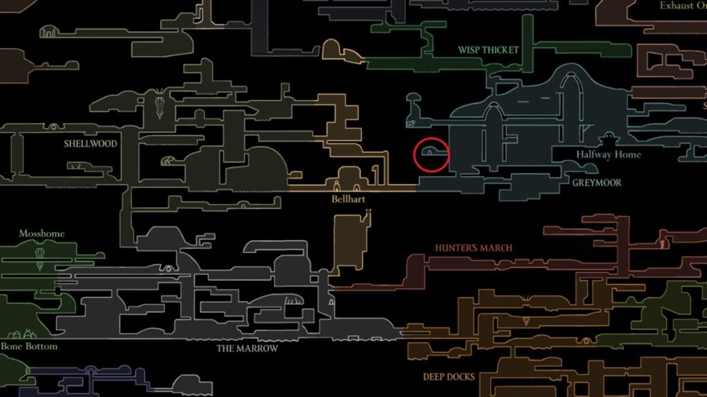 Hollow Knight: Silksong - Best Crests Ranked | Hollow Knight: Silksong | GamesHorizon A screenshot showcasing the location of Reaper Crest marked in red in Hollow Knight Silksong