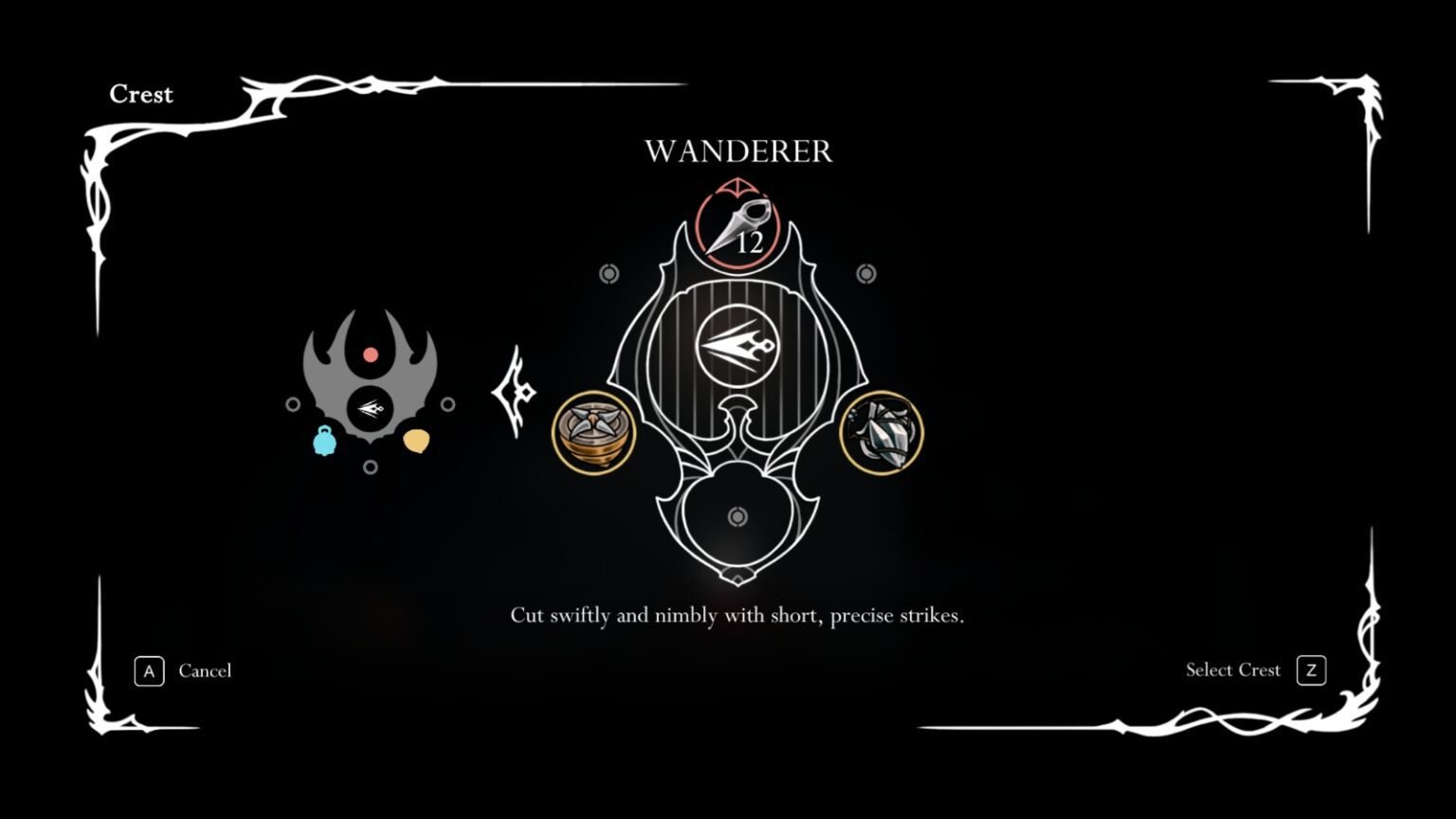 A screenshot showcasting the Wanderer Crest from the Crest selection menu in Hollow Knight Silksong