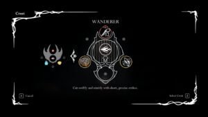 A screenshot showcasting the Wanderer Crest from the Crest selection menu in Hollow Knight Silksong