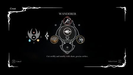 A screenshot showcasting the Wanderer Crest from the Crest selection menu in Hollow Knight Silksong