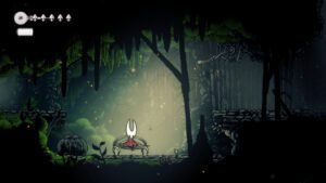 A screenshot showing Hornet sitting a bench in Hollow Knight Silksong