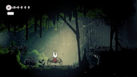 A screenshot showing Hornet sitting a bench in Hollow Knight Silksong