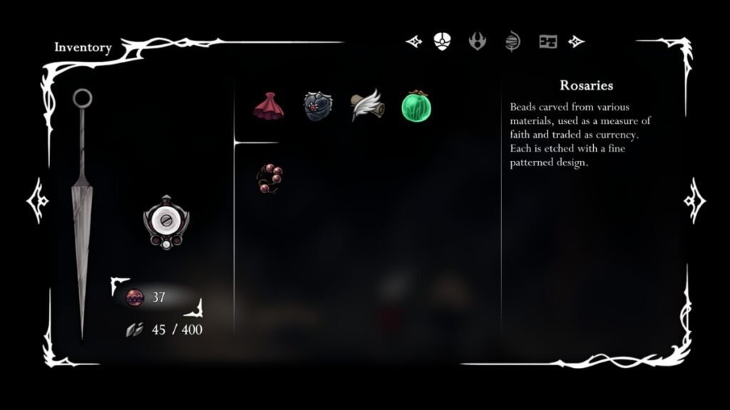 How To Farm Rosaries Early In Hollow Knight: Silksong | Hollow Knight: Silksong | GamesHorizon A screenshot showing Rosaries from the equipment menu of Hornet in Hollow Knight Silksong