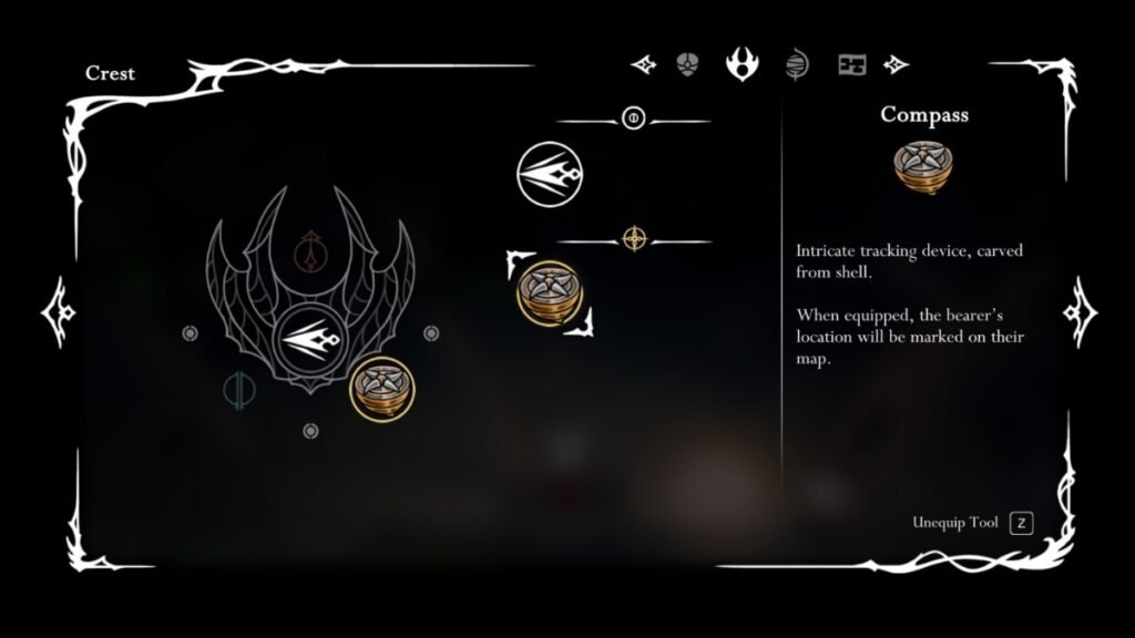 A screenshot showing the Yellow Tool Compass in Hollow Knight SIlksong
