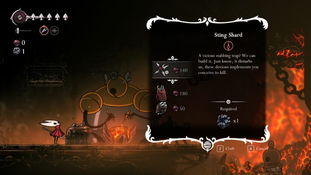 A screenshot showing the cost of crafting Sting Shard in Hollow Knight Silksong