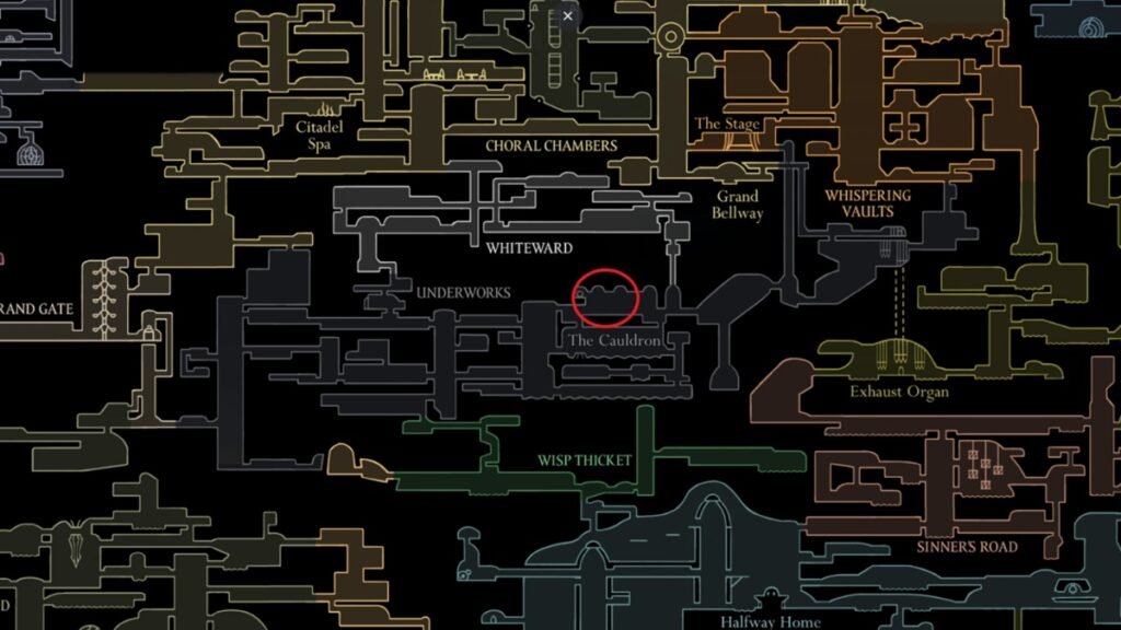 Hollow Knight: Silksong - Best Crests Ranked | Hollow Knight: Silksong | GamesHorizon A screenshot showing the location of Architect Crest marked in red in Hollow Knight Silksong