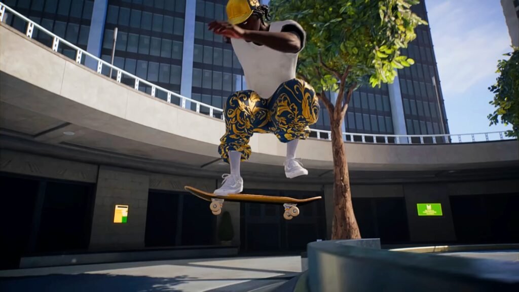 A skater landing on their board in Skate