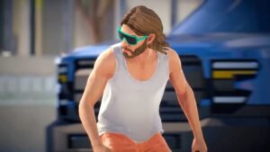 A skater with sunglasses in front of a blue car in Skate