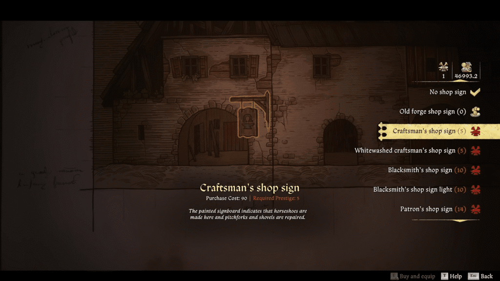 A shop customization menu in Kingdom Come Deliverance 2: Legacy of the Force DLC showing the Prestige requirements for different signs.