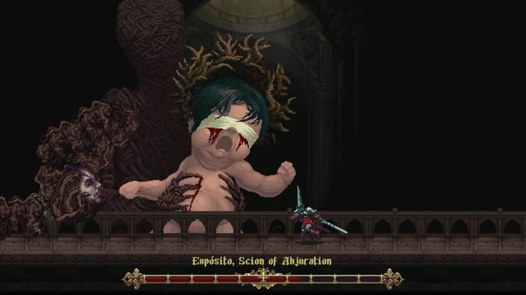 A screenshot of one of the boss fights in Blasphemous