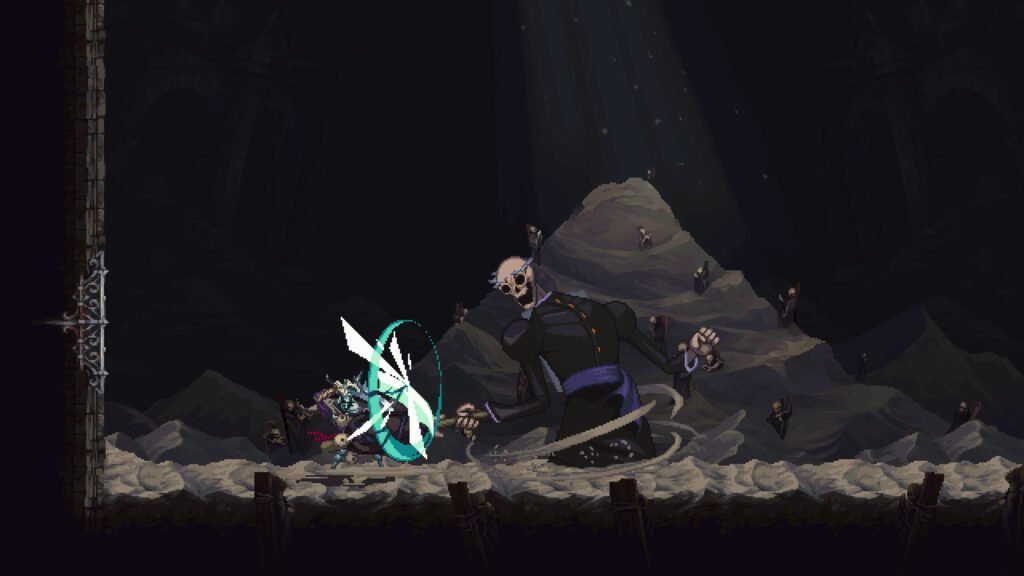 The protagonist fighting an enemy in Blasphemous 2