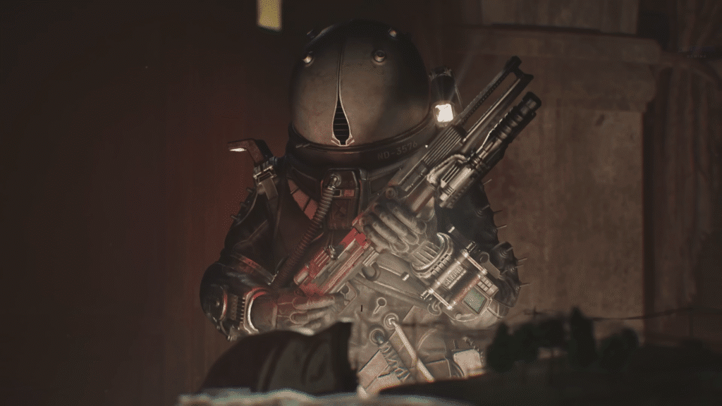 The Traveler holding the Arbalest MT-1020 in Cronos: New Dawn