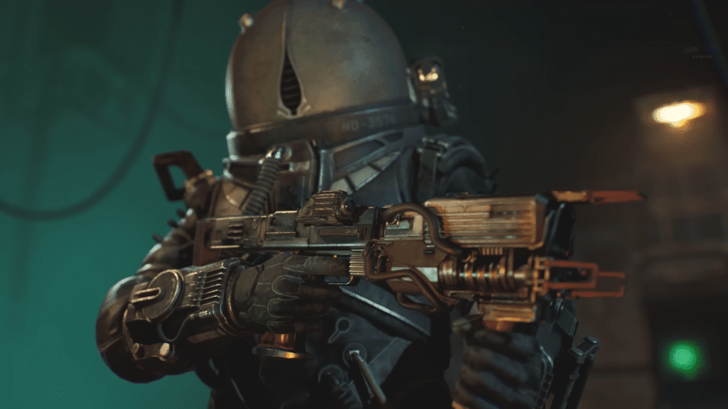 The Traveler holding the Javelin LK-102 in Cronos: New Dawn