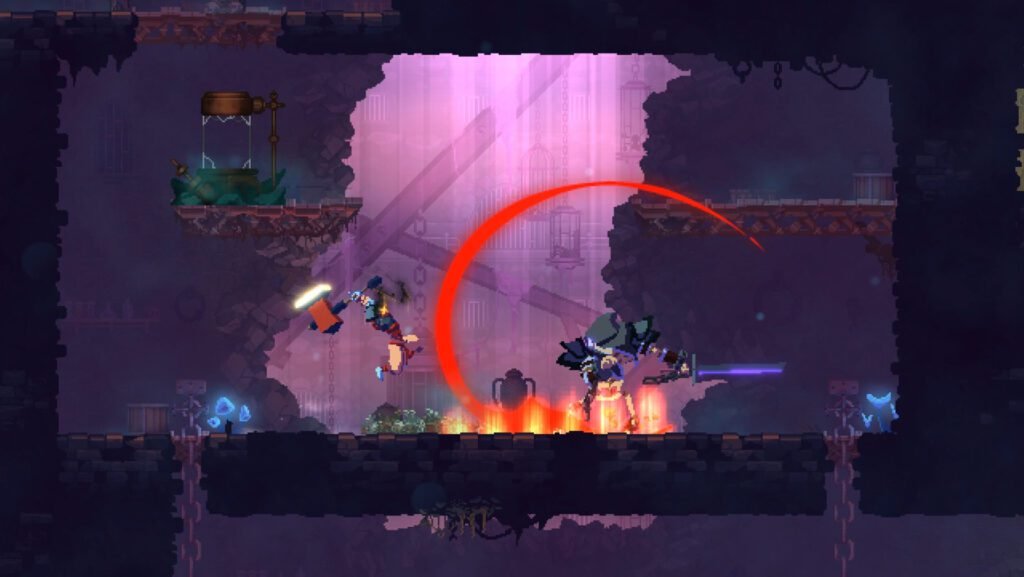 The protagonist fighting an enemy in Dead Cells