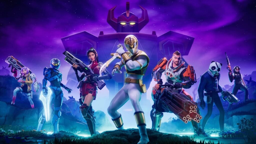 Fortnite people in costumes in front of a mech