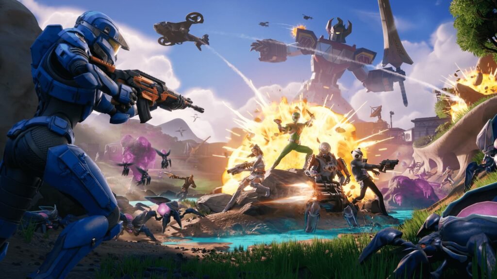 Fortnite people in costumes shooting each other