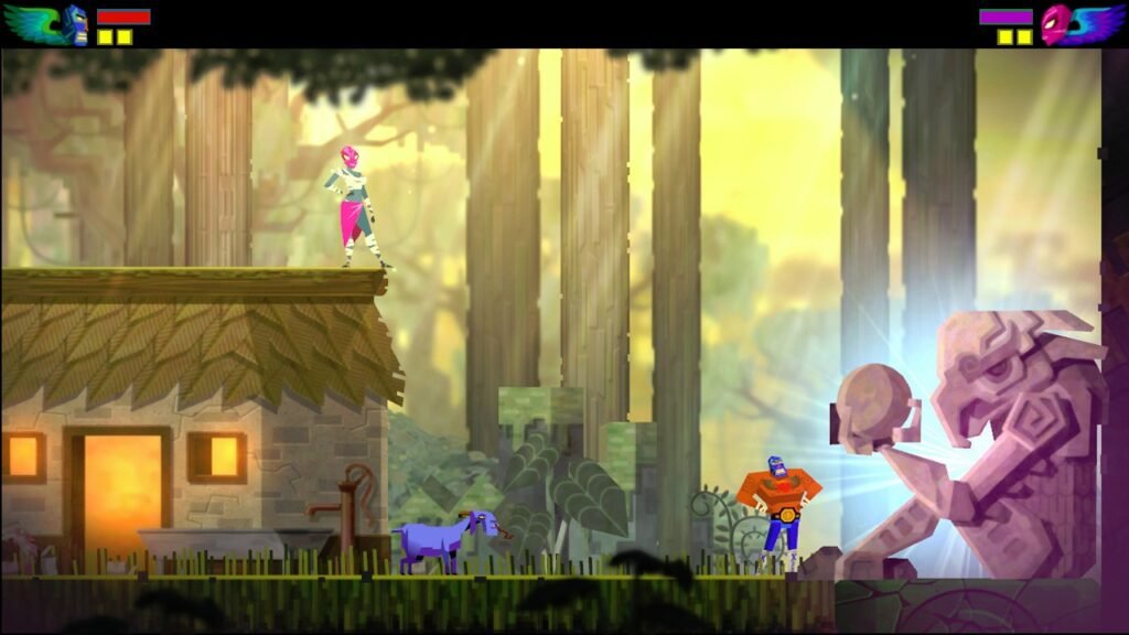 A screenshot of the level design and some of the characters in Guacamelee!