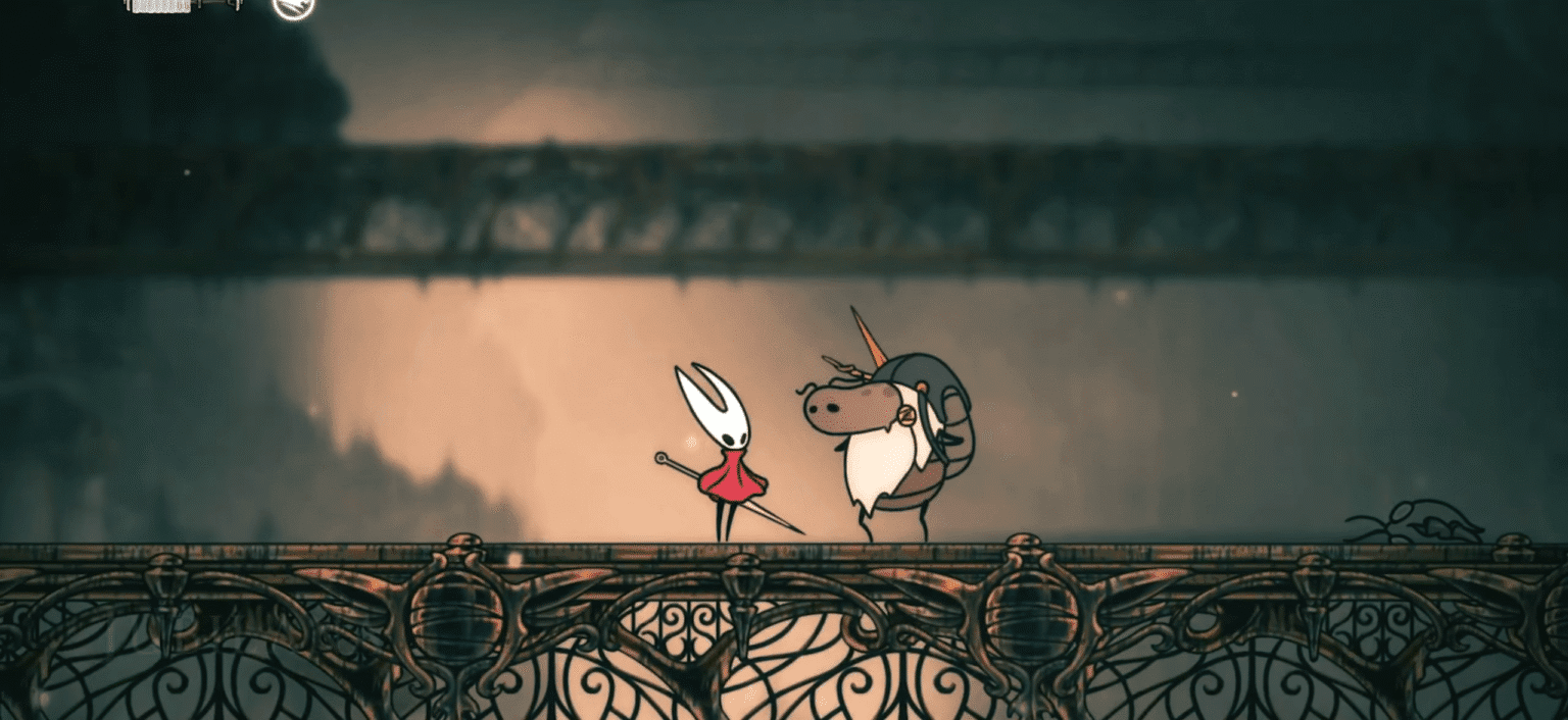 Hornet meeting Jubliana during the Lost Merchant Wish in Hollow Knight: Silksong