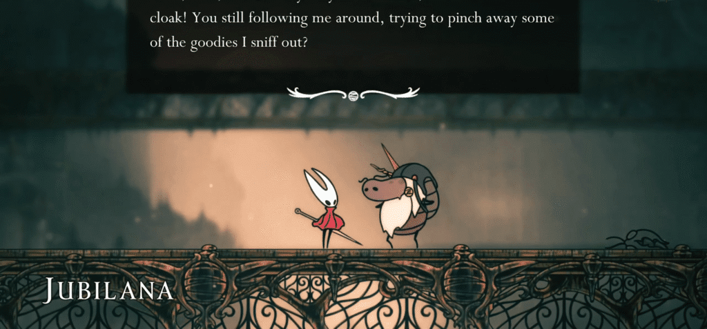Talking to Jubliana during the Lost Merchant Wish in Hollow Knight: Silksong