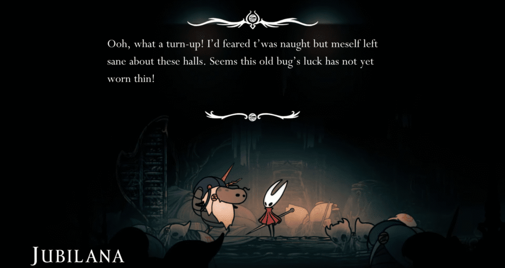 Talking to Jubliana during the Wandering Merchant Wish in Hollow Knight: Silksong