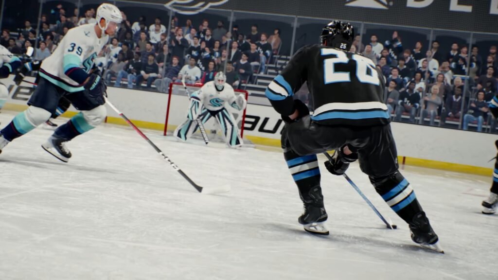 Hockey players fighting over a puck and goal in NHL 26