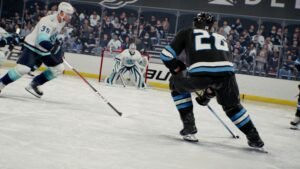 Hockey players fighting over a puck and goal in NHL 26