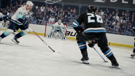 Hockey players fighting over a puck and goal in NHL 26