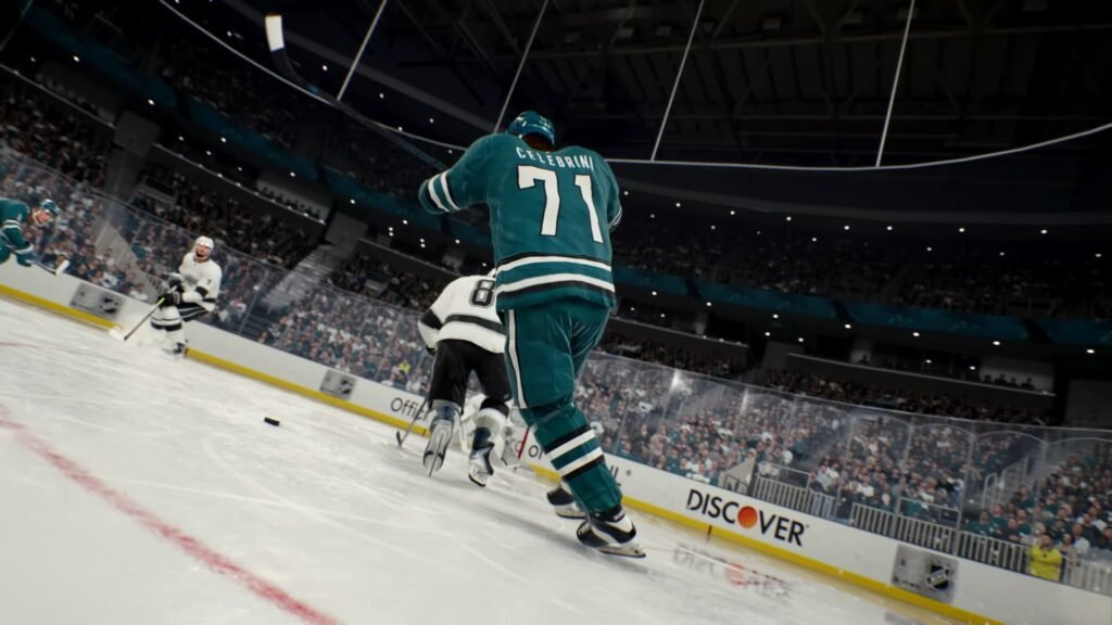 Hockey players skating across the rink near the puck in NHL 26