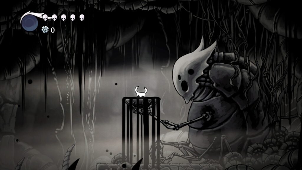 A Screenshot of the protagonist in Hollow Knight