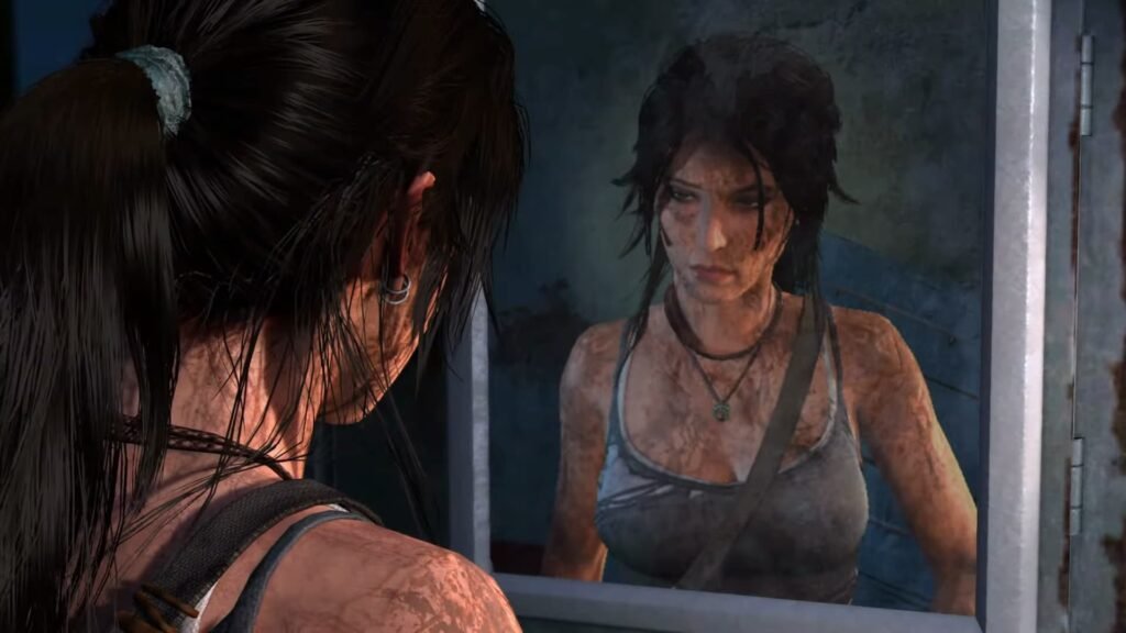 Lara Croft looking in the mirror while being dirty in Tomb Raider Definitive Survivor Trilogy