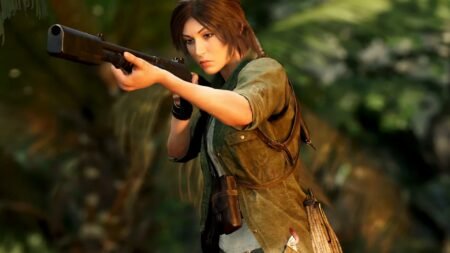Lara croft walking with a shotgun in Tomb Raider Definitive Survivor Trilogy