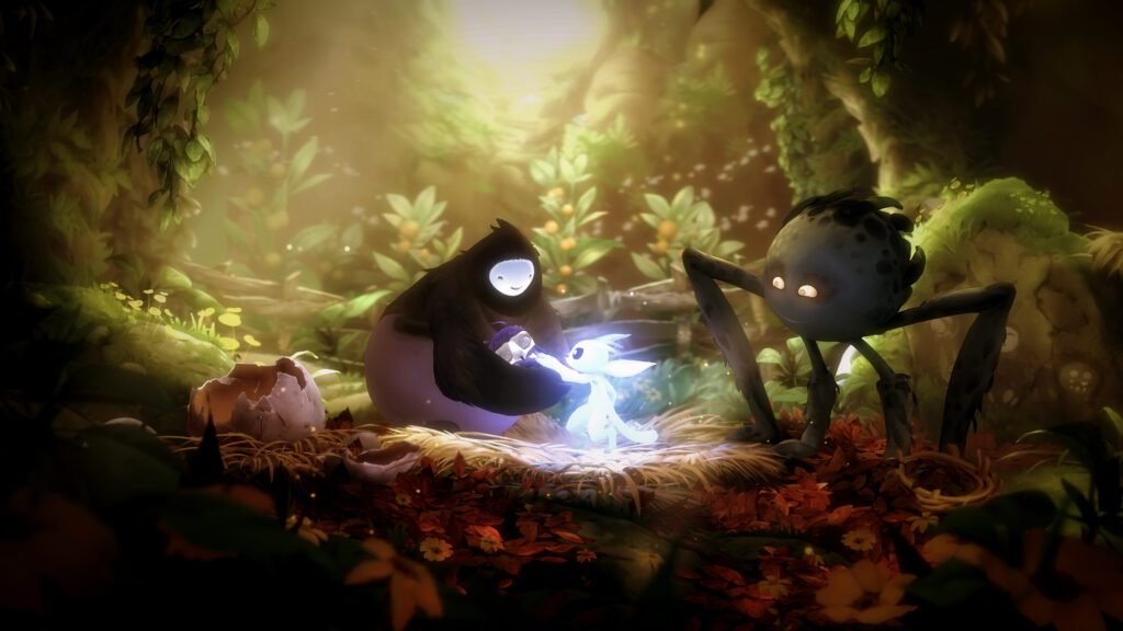 The protagonist and their friends interacting in Ori and the Will of the Wisps