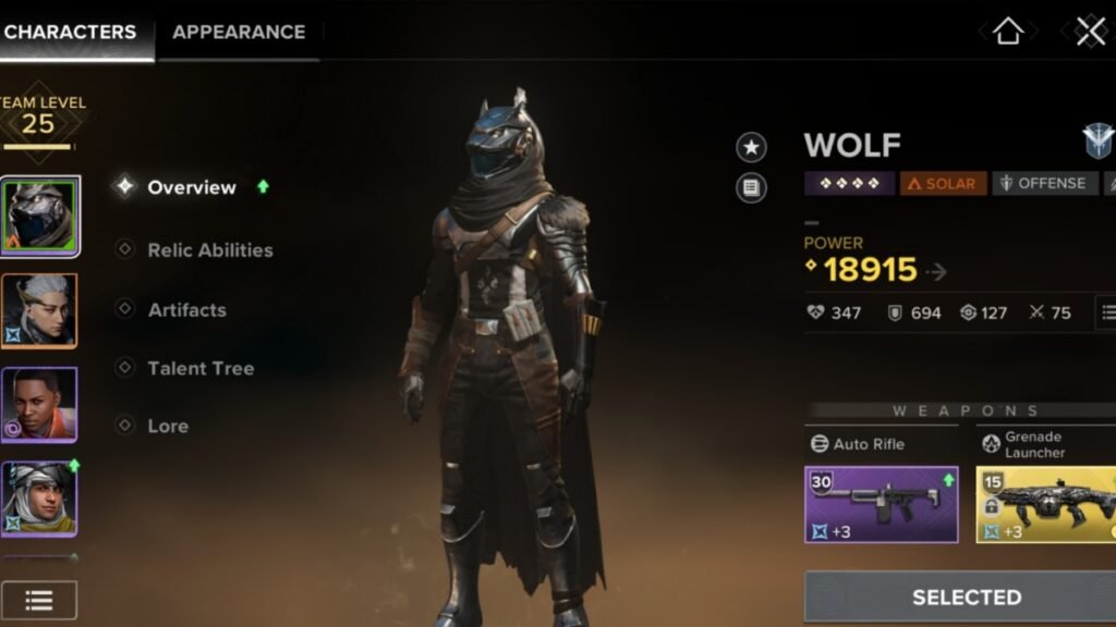 Destiny: Rising - Best Wolf Build Guide (Weapons, Artifacts, & Team) | Destiny: Rising | GamesHorizon Overview screen of Wolf showcasing weapons and stats in Destint Rising